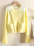 Gradient Yellow Sweet Cardigan Women Elegant Lazy Wind Long Sleeve Knitted Sweaters Vintage Design Female Fall Pockets Tops New
