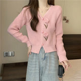 Flower Applique Knit Cardigan Autumn Winter Women Cardigan Sweater Coats Long Sleeve Crop Knitted Jackets Cute Outfit
