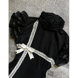 Pbong  French Vintage Black Lace Dress Women Sweetheart Ruff Sleeve Slim Dress Patchwork Harajuku Y2K Summer A Line Mini Dress