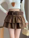 Tiered Ruffled Mini Skirt with Belt Built-in Shorts Thick Wool High Waisted Short Skirt Women Teen-girl Autumn Winter Y2K Outfit
