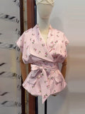 Pbong  Floral Print V Neck Wrap Tie Waist Sleeveless Waistcoat Top Tie Belt Spring Summer Commute  Lady Women Gentle  Outfit