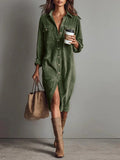 Pbong  New Fall Retro Solid Ribbed Corduroy Dress Woman Elegant Single Breasted Lapel Shirt Dresses Long Sleeve Slit Clothing