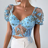 Pbong  Euramerican Elegant Exquisite Flower Embroidery Summer Shirts All Match Sexy See-through Mesh Tank Tops Y2k Side Cross Strap Tee