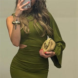 One Shoulder Long Sleeve Dress Solid Color Green Fashion Party Dress For Women Tight High Waist Elegant Summer Dresses New