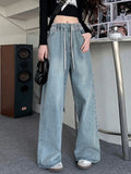 Elastic Waist High Waist Wide Leg Jeans for Women Loose Straight Blue Long Denim Pants Female Fashion Streetwear Jeans