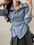 Fashion Slim Striped Shirt Women Elegant Korean Long Sleeve Blouse Casual Irregular Female Spring Sweet Chic All Match Top