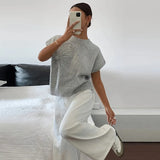Pbong  Beaded Round Neck Knit Sweater Short Sleeve Cropped Loose Spring Women Elegant Casual Knit Top Fashion Trendy Ladies Jumper