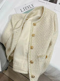 French Sweet Tweed Jacket Women O Neck Elegant Slim Long Sleeve Coat Vintage Casual Single Breasted Female Fall Winter Tops