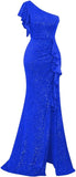 Pbong  Sequin Ruffle Formal Dresses One Shoulder Mermaid Evening Gown Sparkly Long Maxi Dress with Slit