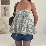 Floral Graphic Print Tube Tops Y2k Elastic Bust Strapless Flowy Camis Fairycore Sweet Cute Off Shoulder Backless Babydoll Vest