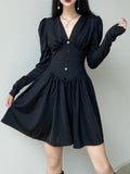 V-Neck Long Sleeve Pleated Party Dress