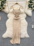 Sexy Knitting Split Long Dress Sleeveless Sequins Diamonds With Sashes Skinny Sundress 2025 Fashion Women Summer Dress