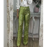 Pbong  Shiny Sequin Flared Pants Slim Fit Party Elastic Multicolor Casual Style Women's Comfortable Spring Summer New Arrival