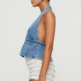 Pbong  Women's Y2K Summer Halter Neck Crop Tops Bow Tie-up Sleeveless Deep V-Neck Backless Solid Color Denim Flare Vest