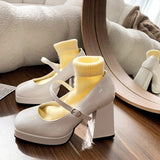 High Heels Women Trend Chunky Heels Platform Lolita Mary Jane Elegant Party Korean Shoes  Dress White The Glossy Fashion