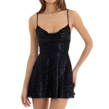 Pbong  Women Shiny Sequins Dress Summer Backless A-Line Mini Dress for Cocktail Party Beach Streetwear