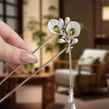 New Chinese Style Green Zircon Flower Hair Stick For Women Vintage Imitation Pearl Tassel Hair Stick Hair Accessories