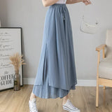 Pbong  Women Chiffon Pants Culottes Elastic Wide Leg Irregular Hem Double Layers Korean Trousers Summer Casual Loose Pleated Pants