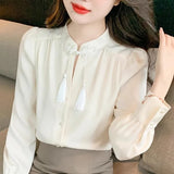Pbong  Long Sleeve Shirts Womens Satin Oversized Button Down Tops Lantern Sleeves Polka Dot Pleated Hem Minimalist French Style Preppy