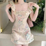 Pbong  Women's Floral Print Mini Dress Square Neck Ruffle Trim Fairycore Cottagecore Party Dress