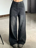 Vintage Women's Black Grey High Waist Jeans Y2K Fashion Baggy Loose Straight Wide Leg Baggy Denim Trousers Pants