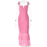 Pbong  Strap Fishtail Hem Long Dresses Sexy Bag Hip Backless Hottie Dress Summer Pleated V-Neck Chic Design Stretch Bodycon Dress Women