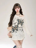 Y2k Holes Graphic Long sleeve T shirt Women Off shoulder Oversize Tops Female Spring Autumn Vintage s Basic Tees Streetwear