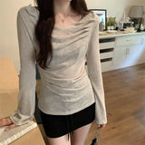 Pbong  Women Clothing Summer Sun Protection T Shirts Flare Sleeve All Match Slim Fit Tees Fashion Tunic Pleated Tshirt