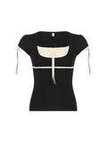 Sweet Y2K Contrast Lace Patchwork Square Collar Black T-Shirt Women Short Sleeve Basic Balletcore Cute Summer Tops