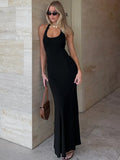 Halter Backless Sexy Maxi Dress Women Gown Summer New Solid U Neck Sleeveless High Waist Long Dress Elegant
