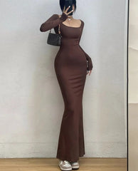 Sexy Square Collar Long Sleeve Fishtail Dress Tight Figure Wrap Hip Super Long Dresses Fashion Korean Tops