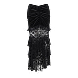 Gothic Folding Fishtail Multi-layer Splicing Split Skirt Woman Velvet High Waist Lace Patchwork Punk Mermaid Skirts