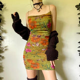 Vintage Spaghetti Strap Flowers Printing Skinny Dress
