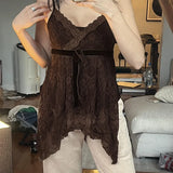Pbong  High End Lazy American Vinateg Lace Tank Top Y2k Aesthetic Lrregular Spliced Bow Appliques Camis All Macth Summer Women Clothes