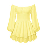 Pbong  Women's Loose Playsuit Puff Long Sleeve Square Neck Ruffle Short Romper Dress Spring Fall Casual Elegant Overalls
