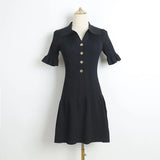 Lapel Ruffle Kintting Short Dress For Women Elegant Fashion A-line Summer Dress Metal Button Solid Chic Femme Vestidos 2025 New