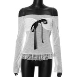 Slash Neck Korean Sexy High Street All Match Casual Shirts Front Pleated Bow Appliques Girl Tops Y2k Aesthetic Girl Clothing