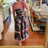 Pbong  Women Cottage Boho Maxi Dress Floral Tie Shoulder Flowy Long Dress Summer Beach Square Neck Ruffle Tiered Sundress