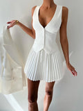 Fashion Skirt Two Piece Sets Women V Neck Single-breasted Vest Tops And Pleated Mini Skirt Sexy Two Piece Sets Clothes