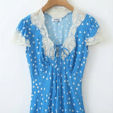 Pbong  Women Retro French Style Blue Polka Dot Spliced Lace Bow V neck Short Sleeve Dress Summer Maxi Long Dresses Robe Femme Vestidos
