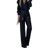 Pbong  Shiny Sequin Flared Pants Slim Fit Party Elastic Multicolor Casual Style Women's Comfortable Spring Summer New Arrival
