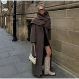 Brown Shoulder Pad Woolen Overcoat Women Elegant Lapel Single-breasted Long Sleeve Coat 2025 Autumn Lady Commuter Outerwear