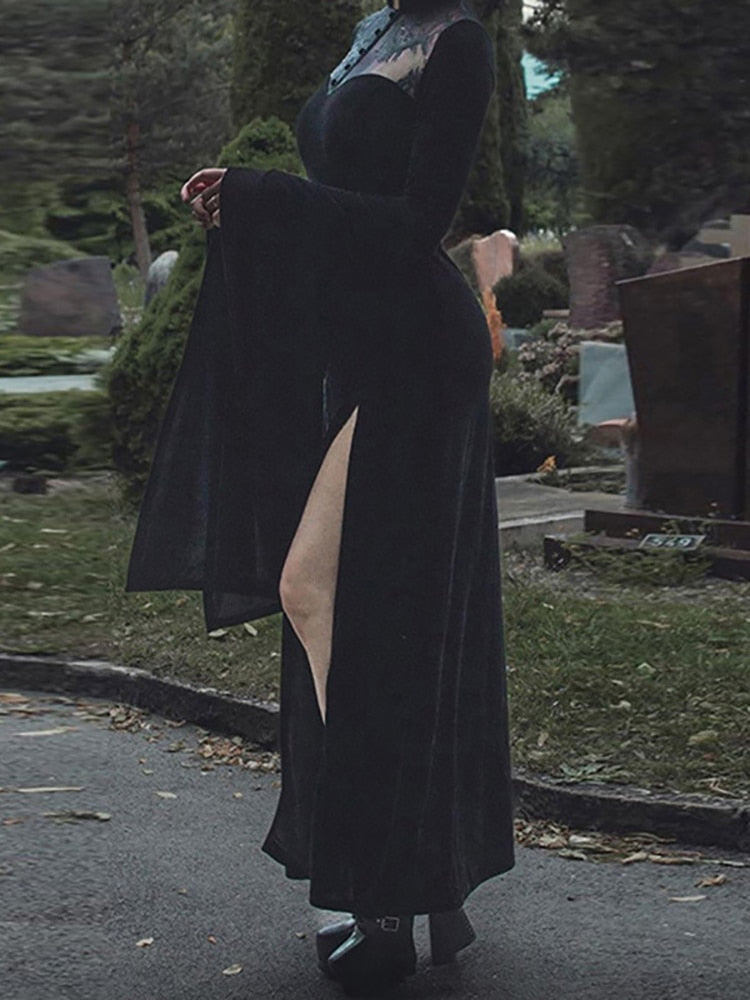 Goth Dark Velvet Vampire Witch Mall Gothic Long Dresses Vintage Elegant Grunge Lace Patch Dress Flare Sleeve Halloween Partywear