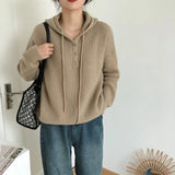 Hooded Sweater for Women Loose Button Front Long Sleeve Rib Knit Pullovers Hoodie Fall Winter Teen-girl Casual Chic Outfit
