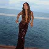 Sexy Sequin Deep V-neck Sling Party Dress Women Elegant Glitter Sleeveless Waist-cinching Evening Dresses Chic Beach Robes