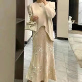 French Velvet Fishtail Skirt Sequin Beaded Embroidery Skirt Elastic Waist A Line High Waist Skirts for Woman Faldas Para Mujeres