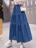 Denim Long Skirt Half Cake Umbrella Skirts for Woman Mid-length Elastic High Waist Dress Korean Fashion Y2k Clothing