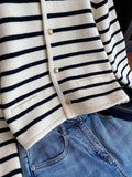 New 2025 Women Spring Autumn Sweaters O-neck Stripe Knitted Cardigan Fashion Long Sleeve Casual Short Tops Korean Style