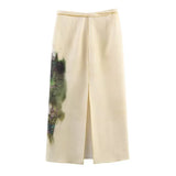 Fashion Flower Print Elegant Chic Women Skirt Zipper Straight Slit Summer Skirt Lady 2025 New Beige Fashion Woman Clothing