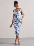 Floral Print Backless Sexy Maxi Dress For Women Gown Spaghetti Strap Square Collar Ruched Bodycon Club Party Dress